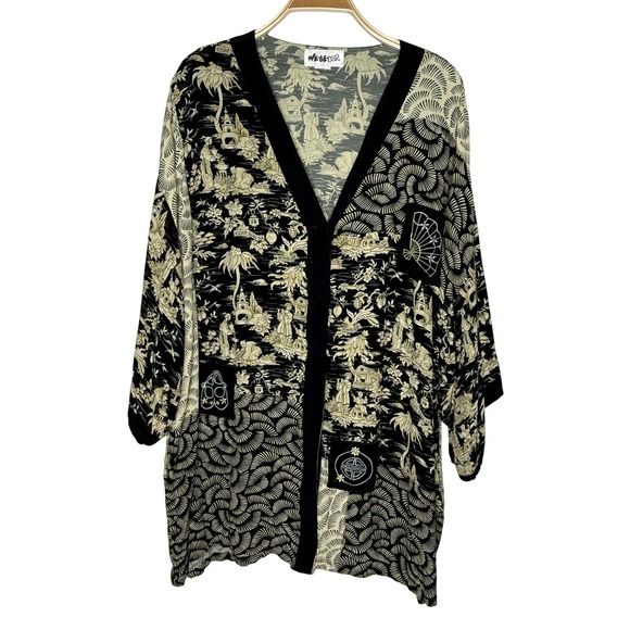 We Be Bop Kimono Duster Asian Toile Print Open Front Cardigan Black Beige - Picture 1 of 16
